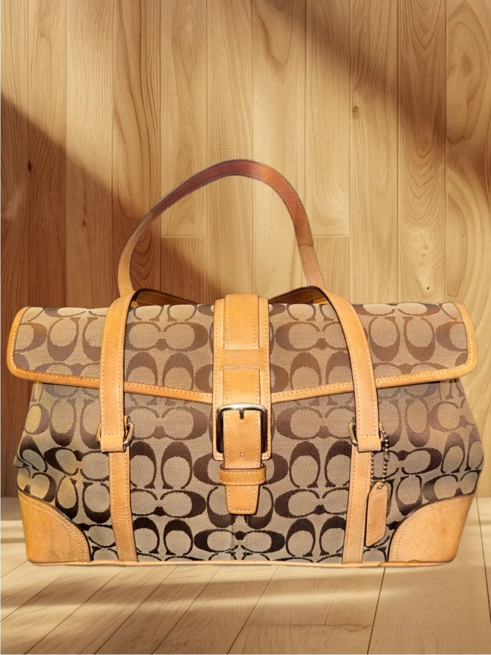 Coach Brown Signature Canvas Shoulder Bag with Tan Leather Trim